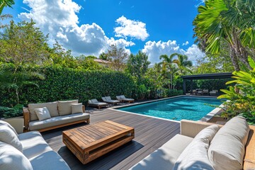 Obraz premium Beautiful Miami Beach Patio with Pool and Lounge Chairs