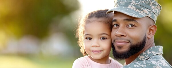 African american veteran soldier in uniform hugs his little daughter touchingly and tightly while standing in front of their house