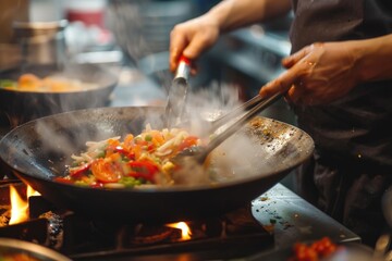 A person cooks food in a wok on a stove, suitable for use as a stock photo for cookbooks, recipe...