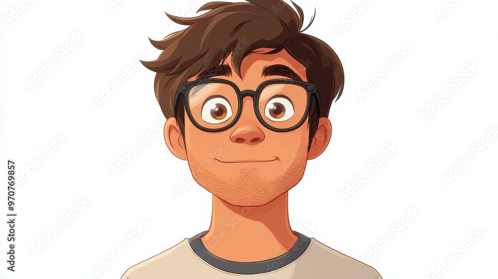 Sticker a cartoon of a nerdy guy wearing glasses with reflective lenses, gazing into the camera against a sl