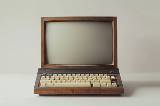 A vintage computer sits atop a wooden table, ready for use