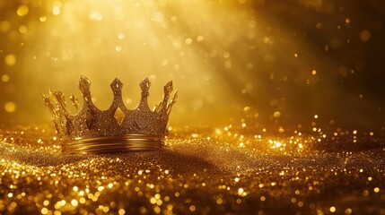 A gold crown resting on a radiant golden surface, symbolizing royalty, power, and elegance.