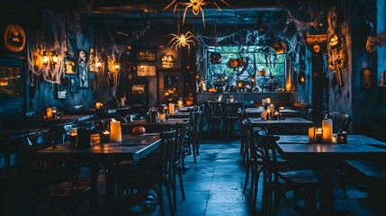 Fototapeta premium Spooky and Cozy Halloween-Themed Restaurant Interior with Pumpkins,Candles,and Antique Decor. Festive autumn with gothic,eerie,and rustic elements creating a mysterious and haunted atmosphere.