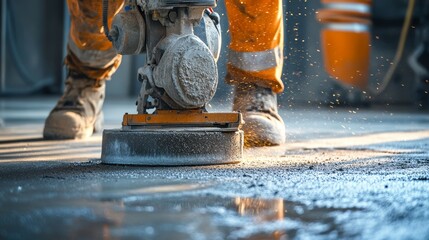 Concrete floor surface grinding by angle grinder machine