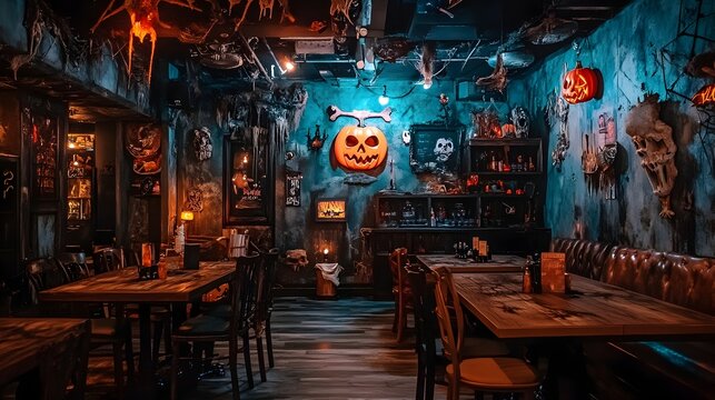 Haunting Halloween-Themed Restaurant with Eerie Decor and Spooky Atmosphere. This image captures the interior of a restaurant or bar that has been transformed for the Halloween season.