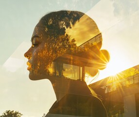 Double exposure of serene woman and nature with golden sunlight