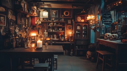 Quaint and Atmospheric Halloween-Themed Vintage Interior Filled with an Assortment of Collectible Curiosities,Antiques,and Decor. Moody Lighting and Cozy Ambiance in an Eclectic,Rustic Space.