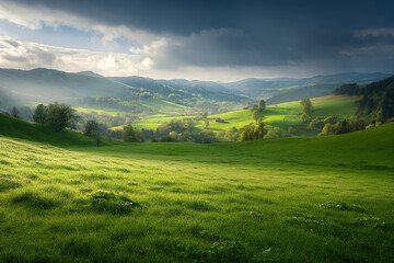 Fototapeta premium Springtime Valley Wide-Angle Landscape of a Dew-Covered Green Valley