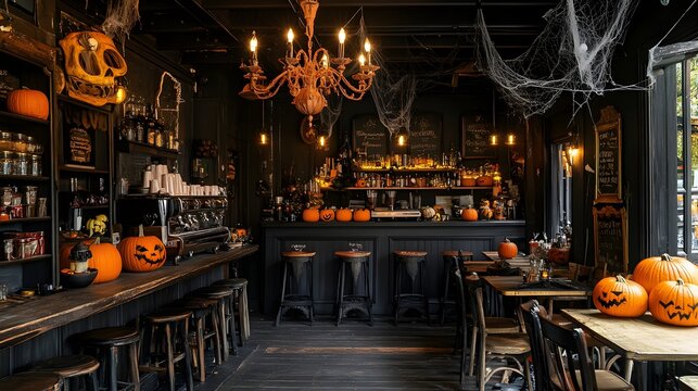 Spooky Halloween-Themed Bar Interior with Rustic Dcor and Moody Ambiance. Warm lighting,wooden furniture,pumpkins,cobwebs.