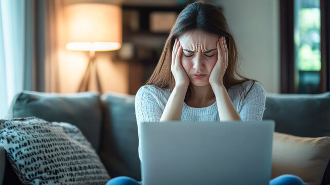 Cyberbullying, harassment, abuse concept. Young woman blogger sitting alone with laptop at home, covering ears with hands. Stressed, frustrated, overwhelmed with online bullying. professional burnout