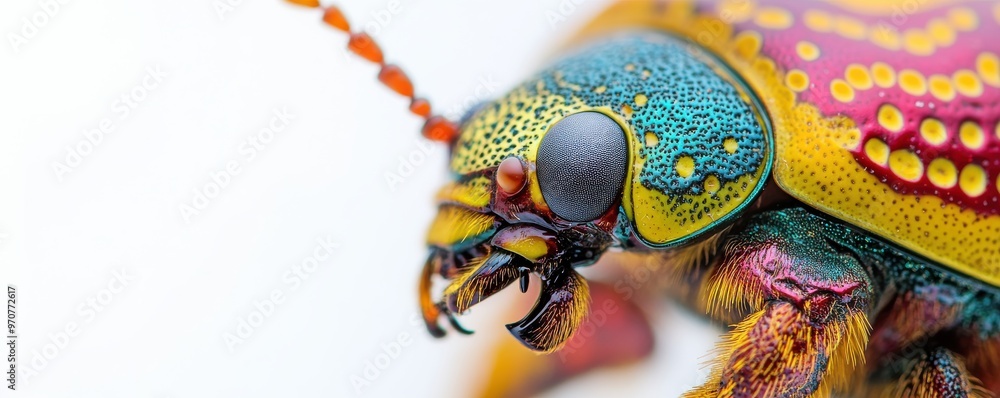 Poster close-up of a colorful beetle shell displaying intricate patterns and vibrant hues in macro photogra
