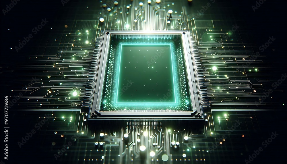 Poster a computer chip with a green frame is lit up with a bright green glow. concept of technology and inn