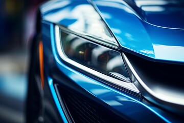 Close-up of sleek blue sports car headlight in a garage setting during daylight hours