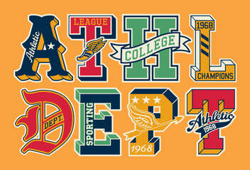 College athletic department initial font patches vintage vector artwork for boy kid children sport wear shirt sweatshirt bomber jacket print embroidery