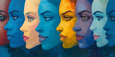 Peoples faces from all over the world painted in an impressionistic style. teal and blue and peach and yellow