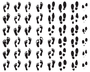 Various prints of shoes and human feet on a white background