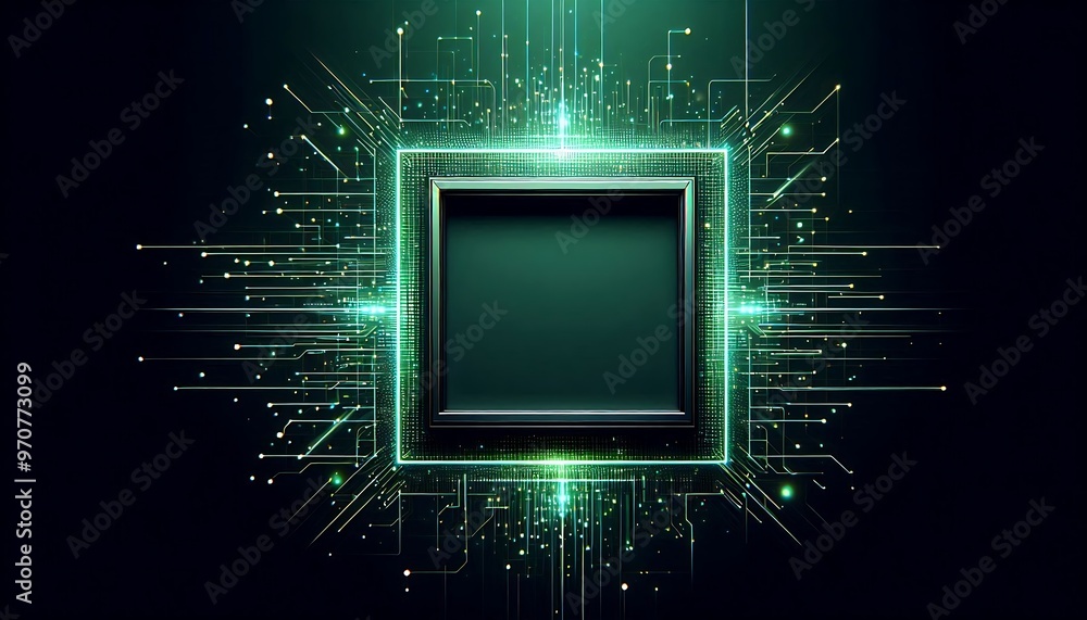 Poster a green square with a black frame. the frame is surrounded by a lot of lines and dots