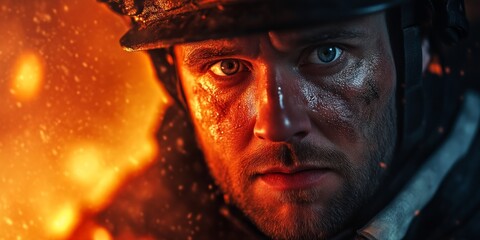 A close-up portrait of a soldier in a dramatic setting. The fierce look in his eyes conveys determination and courage. The background is ablaze, enhancing the intense mood. AI