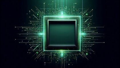 A green square with a black frame. The frame is surrounded by a lot of lines and dots
