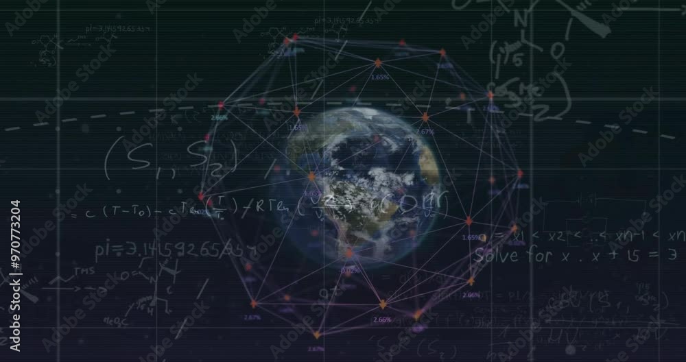 Poster animation of network of connections and data processing over globe and mathematical equations