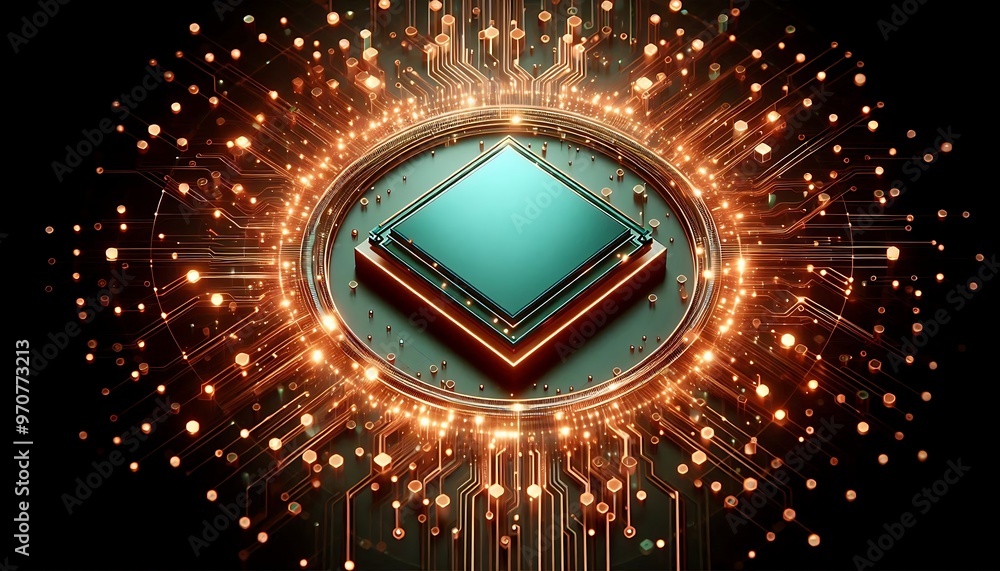 Poster a computer chip is surrounded by a glowing, colorful design. the chip is the center of the design, a