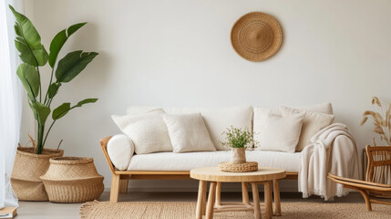 A stylish living room with a white couch, wood furniture, and a plant. It has a simple, modern look.
