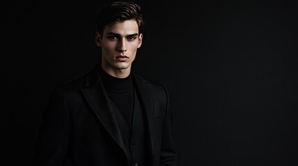 Obraz premium A male model dressed in all-black attire standing confidently against a solid black backdrop.