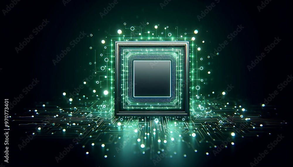 Poster a computer chip is lit up with a green glow. the chip is surrounded by a lot of lights and it looks 
