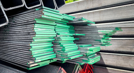 Stacked flat steel bars in abstract pattern. Stacked steel bars in several pipes in construction area. Steel storage in heavy industry warehouse. Steel group for industrial material products.