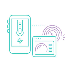 Editable icon of smart thermostat remote access in blue and purple tones, temperature control
