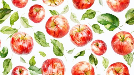 Seamless pattern with hand-painted red apples and autumn leaves on a white background. Ideal for seasonal, harvest, and nature-themed designs.