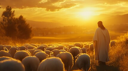 Fototapeta premium Jesus in the midst of a flock of sheep