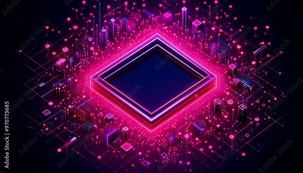 Poster a computer chip with a pink square in the middle. the square is surrounded by a cityscape of buildin
