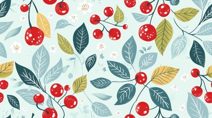Colorful and playful seamless pattern featuring red, yellow, and orange cherries with blue leaves on a white background. Whimsical and fun design.