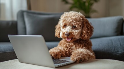 Labradoodle dog ordering online by internet for home delivery. Paws on laptop with a food shopping product selection. Concept for pets using technology or animals imitating humans. Selective focus.