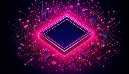 A computer chip with a pink square in the middle. The square is surrounded by a cityscape of buildings and lights