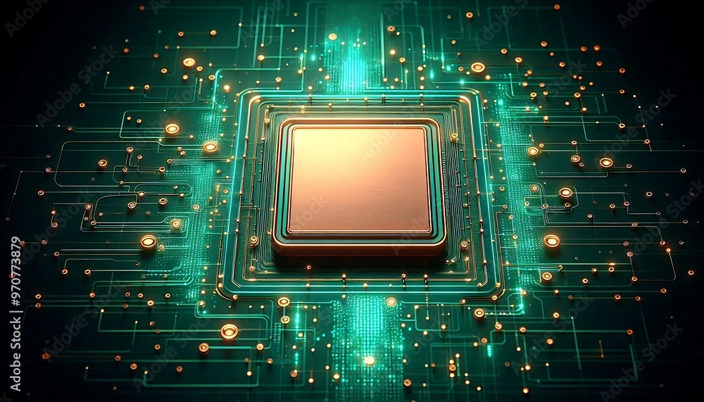 Poster a computer chip is shown in a green and gold color scheme. the chip is surrounded by a network of wi