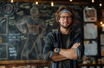 A young man with glasses and a white headband stands in front of a blackboard. Drawn on it are two biceps. He looks serious but proud of his muscles