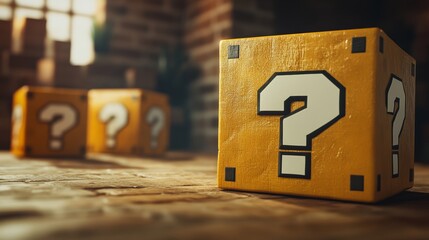 Indoor still-life photo of a yellow box with a big white question mark printed on each face. It recalls a graphic element of a famous platform video game.
