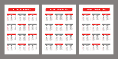 Set of 2025 2026 2027 Basic Calendar in White Background