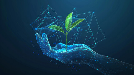 An abstract hand holding a sprout. The concept of using environmentally friendly technologies. "Low - poly landscaping"