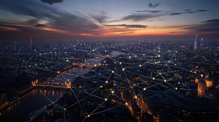 Obraz premium London Skyline at Dusk with Network Connections
