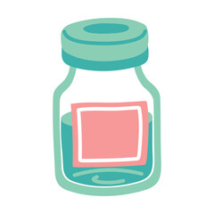 Glass bottle with a lid inside a blue liquid in a flat style. blue glass sealed container with a label containing liquid medicine for treatment. Medicine for injections. Medical vector elements