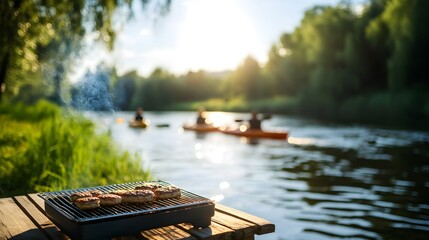A serene lakeside picnic, with a portable grill smoking burgers, and kayaks floating peacefully on the water in the background