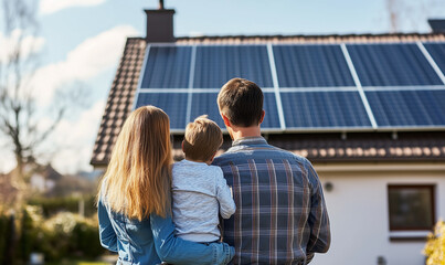 Happy family near their house with solar panels. Renewable green energy concept.
