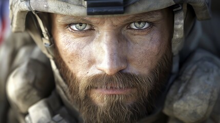 Portrait of an American soldier in front of the flag of america, big flag right behind the soldier