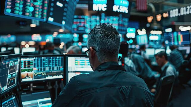 Command Center: Navigating the Financial Markets: A seasoned trader amidst a symphony of data, his focus unwavering as he strategizes in the heart of the stock exchange. 