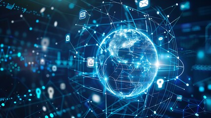 A digital globe surrounded by interconnected lines representing global connectivity with icons of various online services like email, cloud storage, and e-commerce. The background features a