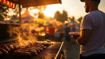 A small town festival with food vendors grilling and smoking various meats, the air thick with the scent of barbecue, people strolling by with plates in hand