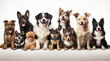 Fototapeta premium Ten happy dogs in a row posing cheerfully against a white background indoors